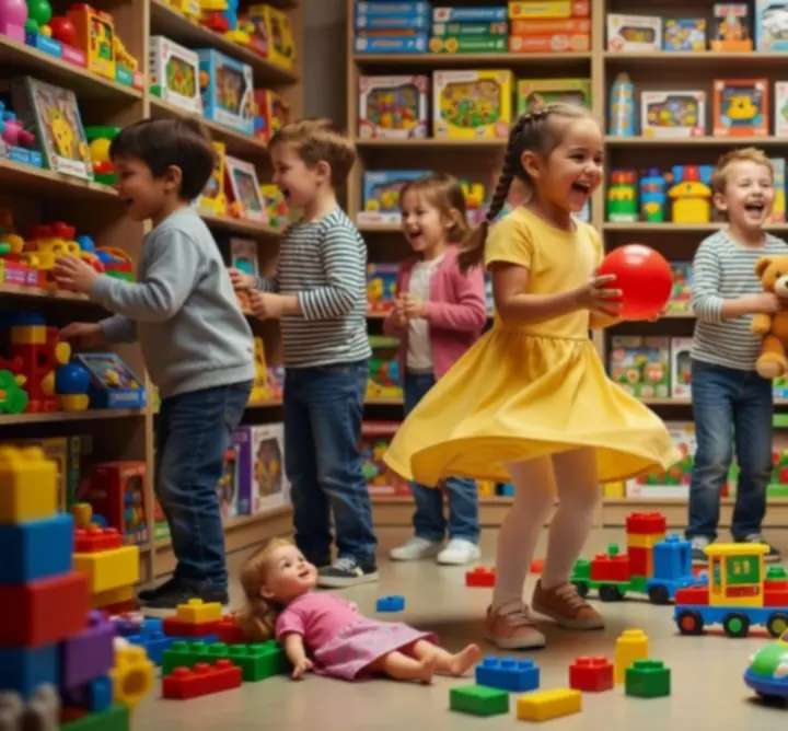 Деца, играещи с пъстри играчки в уютен магазин